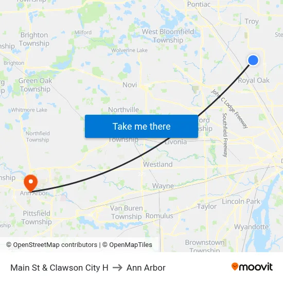 Main & Clawson City Hall to Ann Arbor map