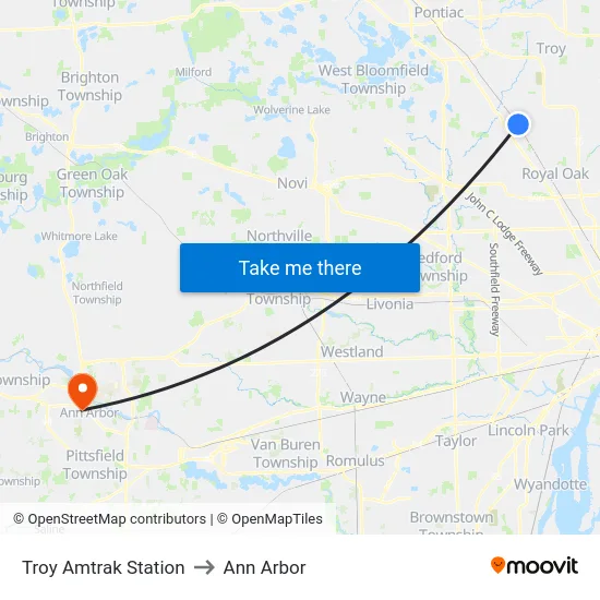Troy Amtrak Station to Ann Arbor map