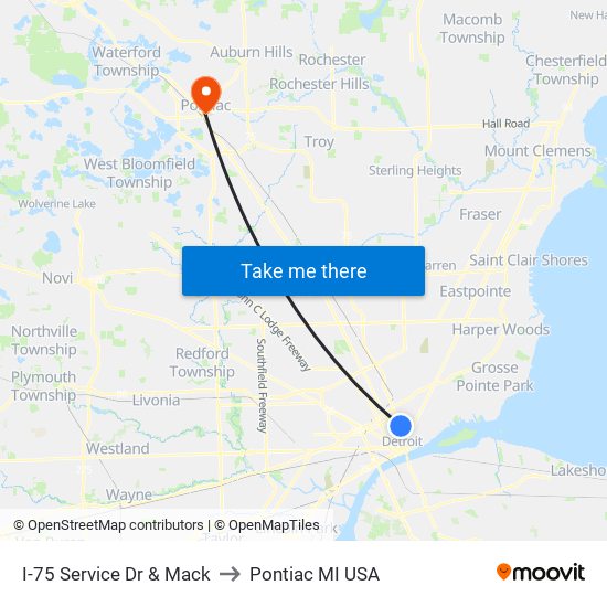 I-75 Service Dr & Mack to Pontiac MI USA map