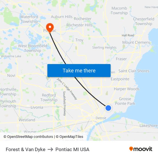 Forest & Van Dyke to Pontiac MI USA map