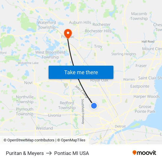 Puritan & Meyers to Pontiac MI USA map