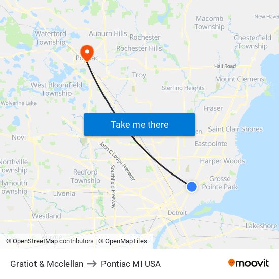 Gratiot & Mcclellan to Pontiac MI USA map