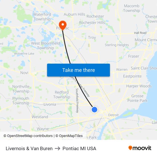 Livernois & Van Buren to Pontiac MI USA map