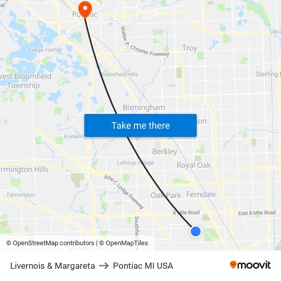 Livernois & Margareta to Pontiac MI USA map