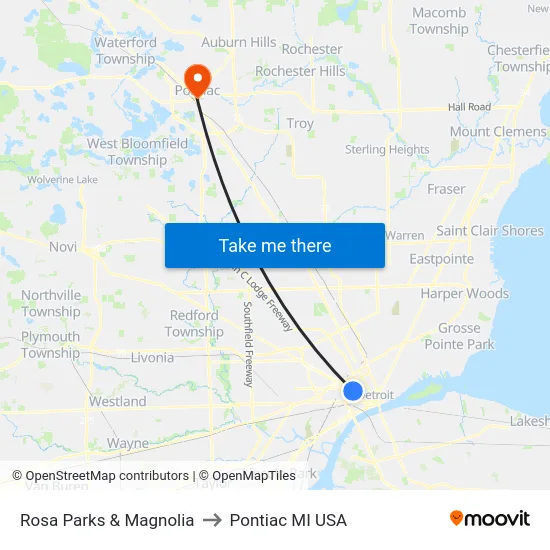Rosa Parks & Magnolia to Pontiac MI USA map