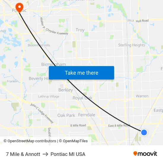 7 Mile & Annott to Pontiac MI USA map