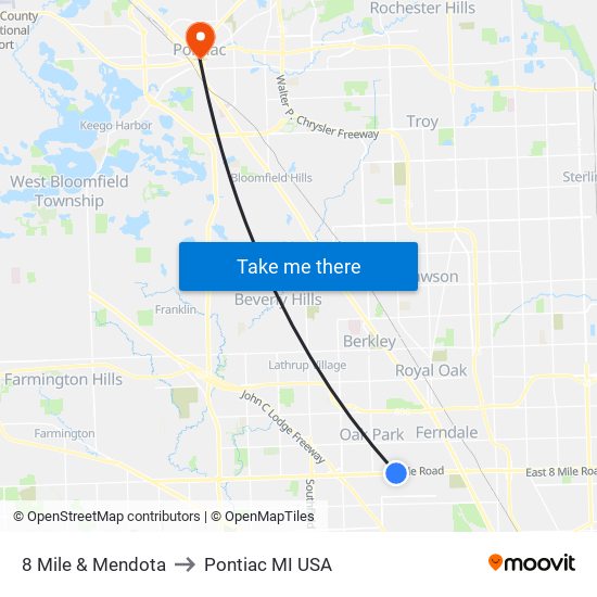 8 Mile & Mendota to Pontiac MI USA map