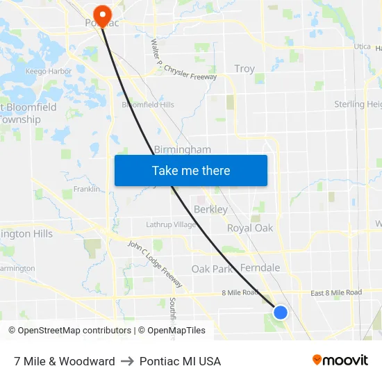 7 Mile & Woodward to Pontiac MI USA map