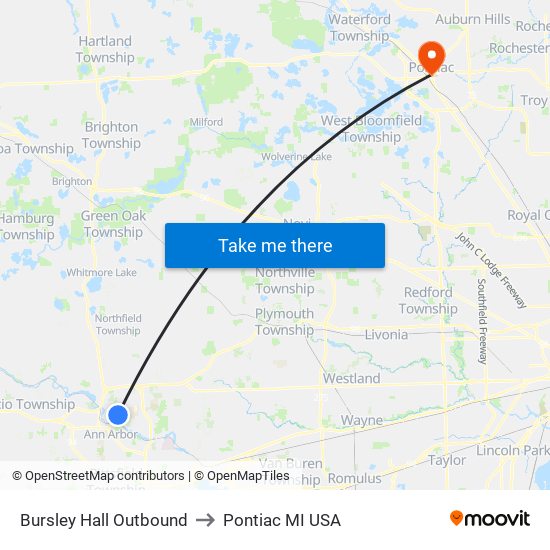 Bursley Hall Outbound to Pontiac MI USA map