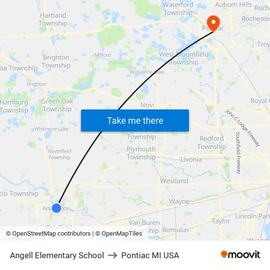 Angell Elementary School to Pontiac MI USA map