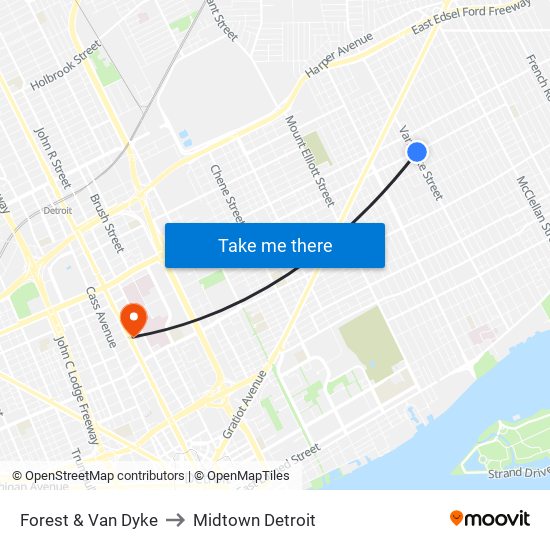 Forest & Van Dyke to Midtown Detroit map