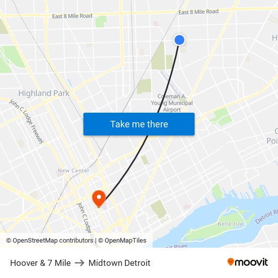 Hoover & 7 Mile to Midtown Detroit map