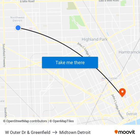 W Outer Dr & Greenfield to Midtown Detroit map