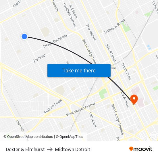 Dexter & Elmhurst to Midtown Detroit map