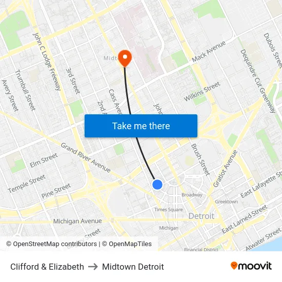 Clifford & Elizabeth to Midtown Detroit map