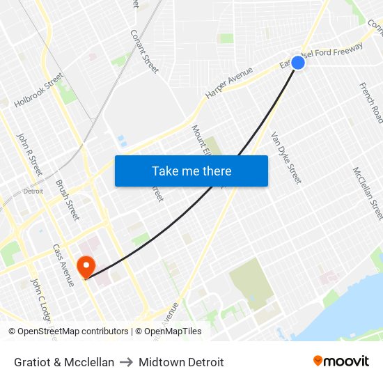 Gratiot & Mcclellan to Midtown Detroit map