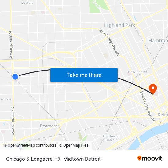 Chicago & Longacre to Midtown Detroit map