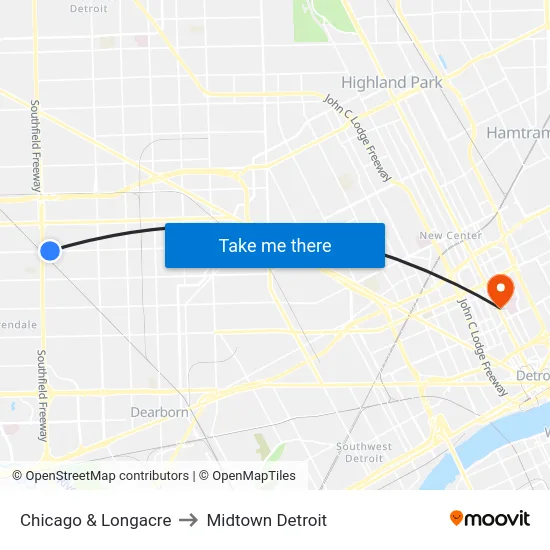 Chicago & Longacre to Midtown Detroit map