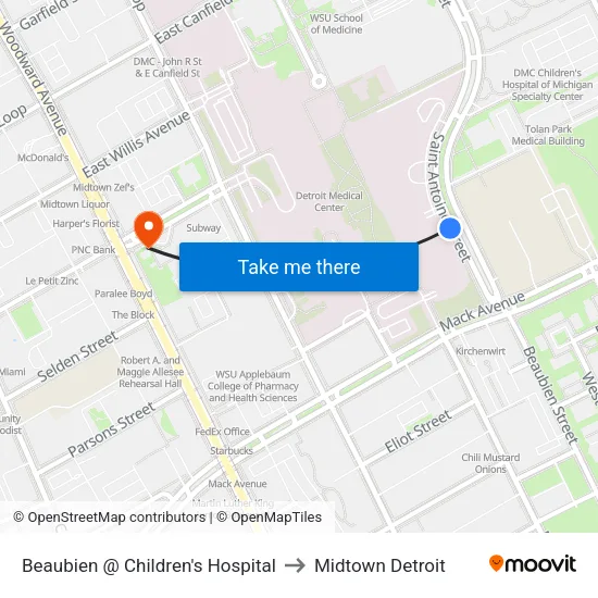 Beaubien @ Children's Hospital to Midtown Detroit map