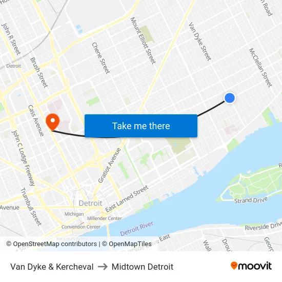 Van Dyke & Kercheval to Midtown Detroit map