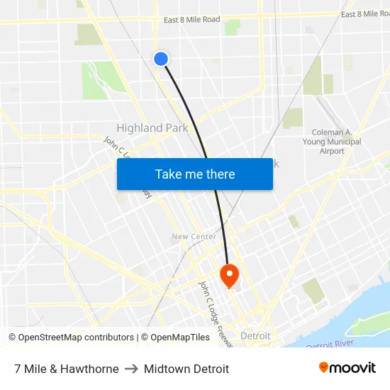 7 Mile & Hawthorne to Midtown Detroit map