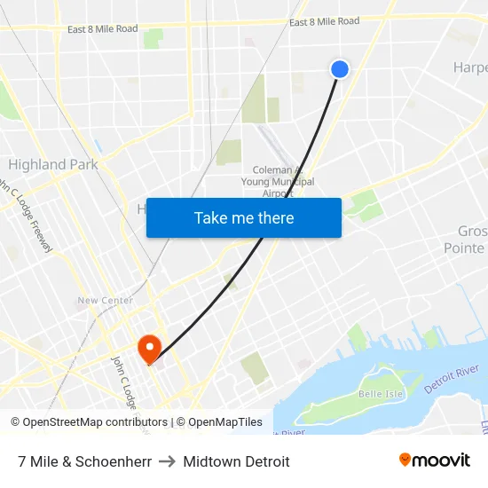 7 Mile & Schoenherr to Midtown Detroit map