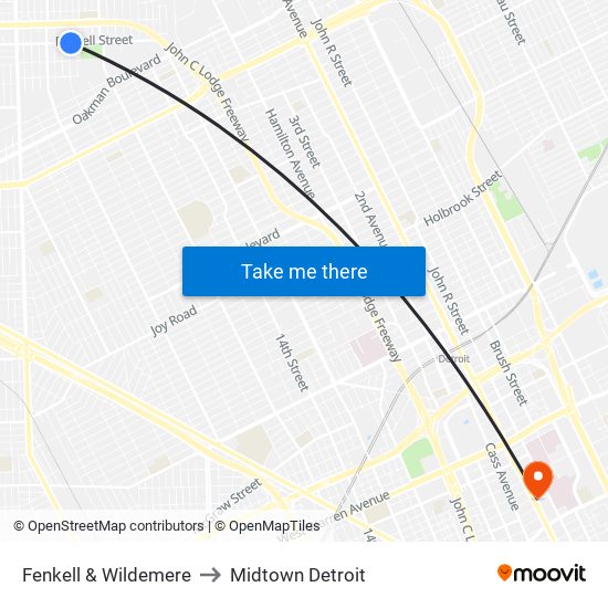 Fenkell & Wildemere to Midtown Detroit map