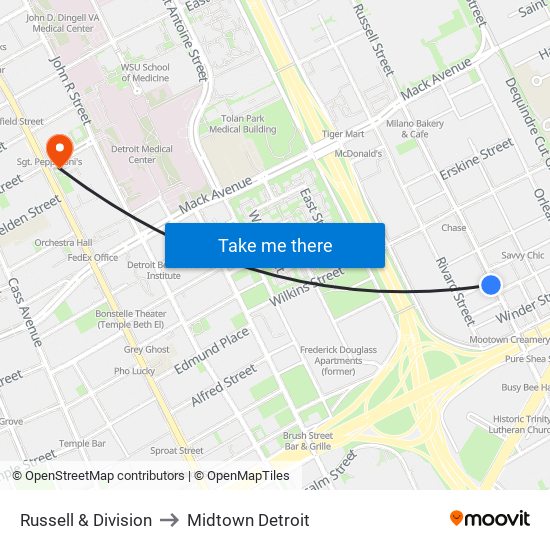 Russell & Division to Midtown Detroit map