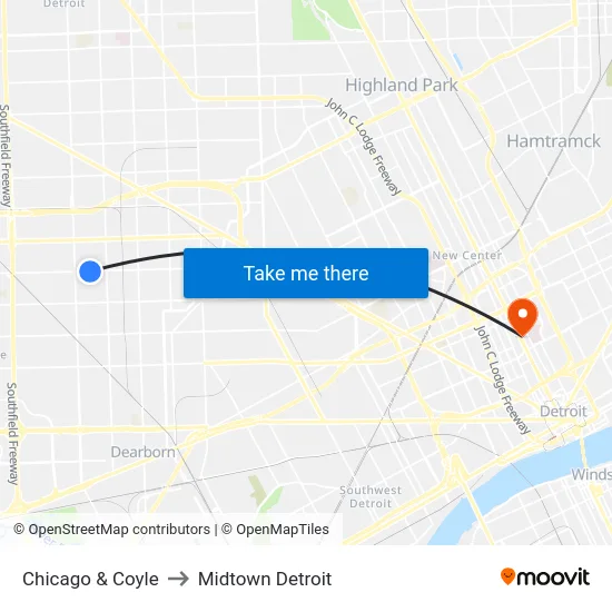 Chicago & Coyle to Midtown Detroit map