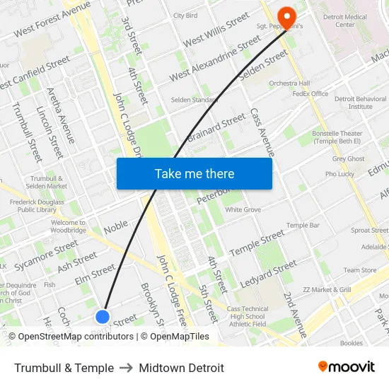 Trumbull & Temple to Midtown Detroit map