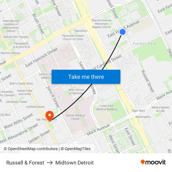 Russell & Forest to Midtown Detroit map