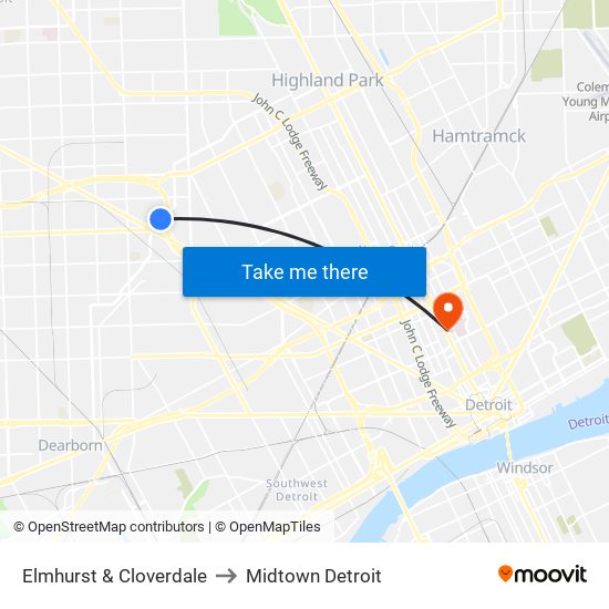 Elmhurst & Cloverdale to Midtown Detroit map
