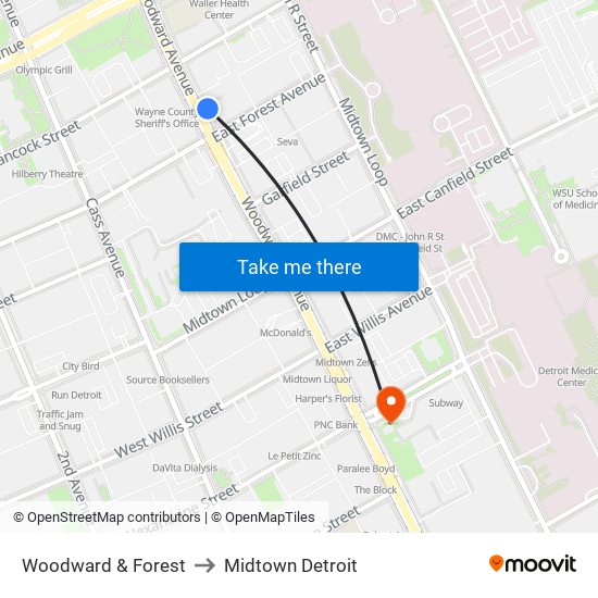 Woodward & Forest to Midtown Detroit map