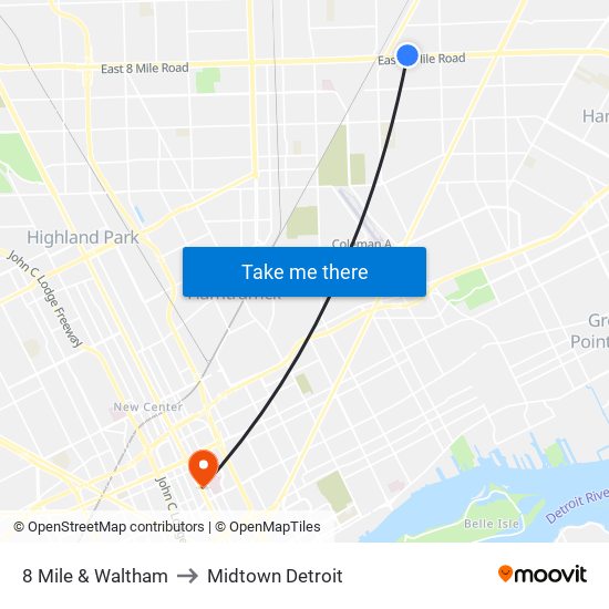 8 Mile & Waltham to Midtown Detroit map