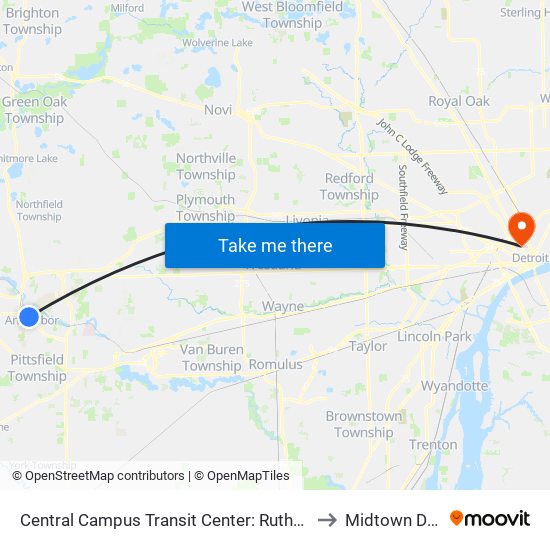 Central Campus Transit Center: Ruthven Museum to Midtown Detroit map