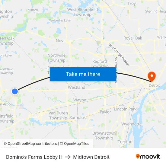 Domino's Farms Lobby H to Midtown Detroit map