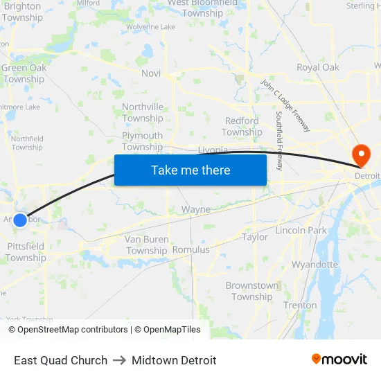 East Quad  Church to Midtown Detroit map