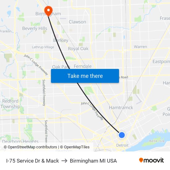 I-75 Service Dr & Mack to Birmingham MI USA map