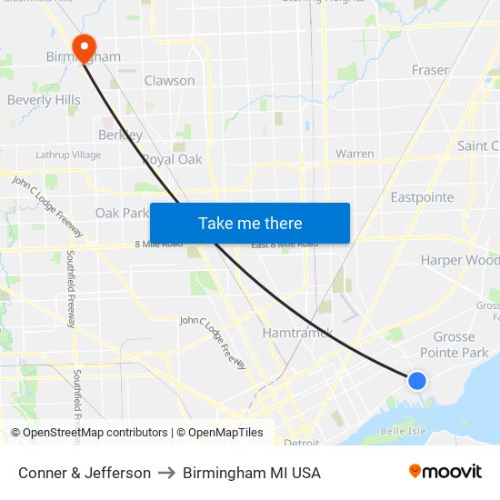 Conner & Jefferson to Birmingham MI USA map