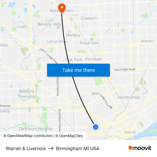 Warren & Livernois to Birmingham MI USA map