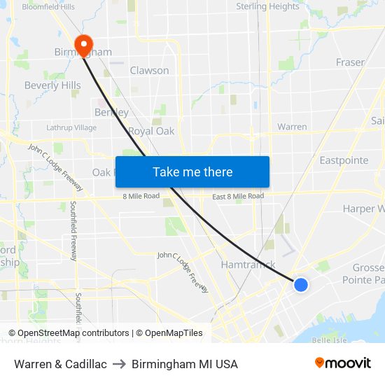 Warren & Cadillac to Birmingham MI USA map