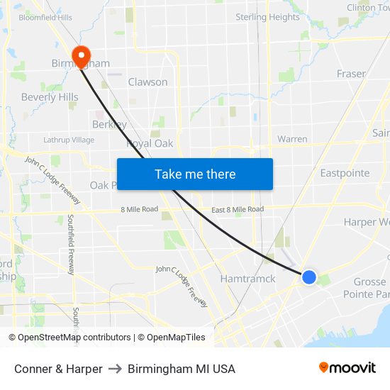 Conner & Harper to Birmingham MI USA map