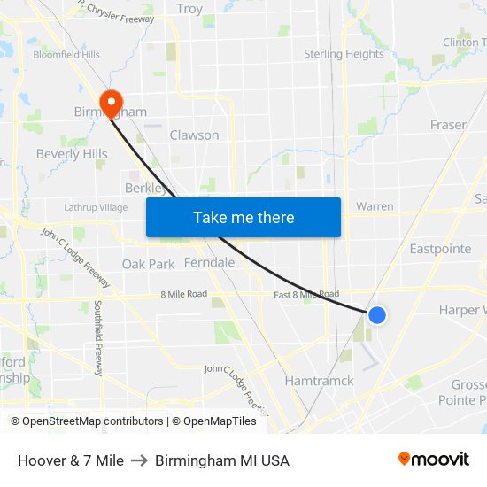 Hoover & 7 Mile to Birmingham MI USA map