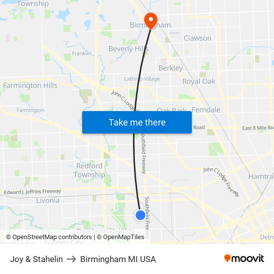 Joy & Stahelin to Birmingham MI USA map