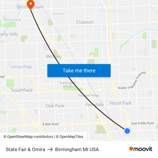 State Fair & Omira to Birmingham MI USA map