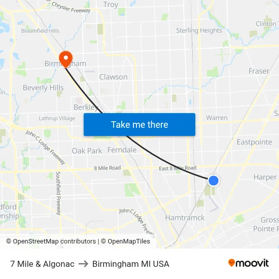 7 Mile & Algonac to Birmingham MI USA map