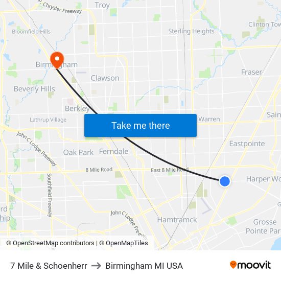 7 Mile & Schoenherr to Birmingham MI USA map