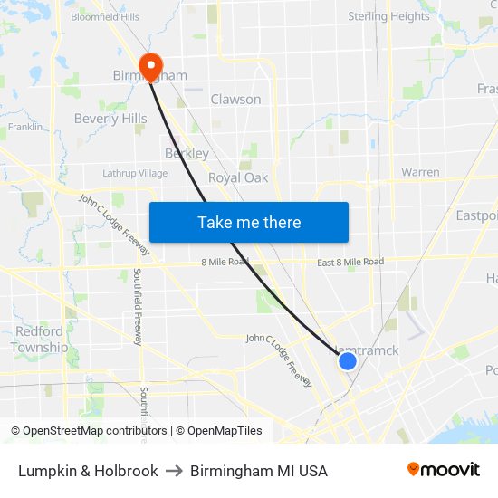 Lumpkin & Holbrook to Birmingham MI USA map