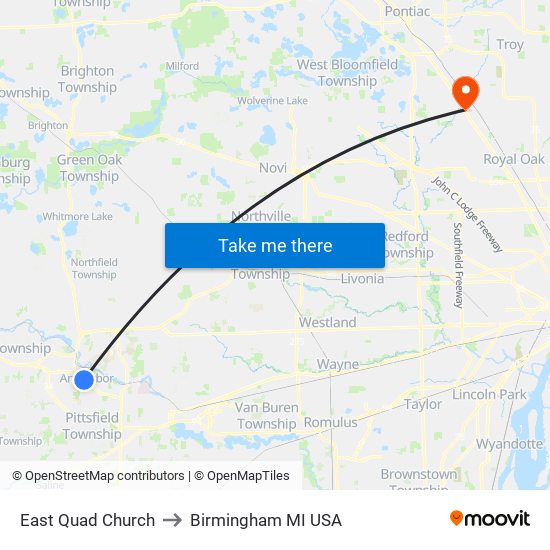 East Quad  Church to Birmingham MI USA map