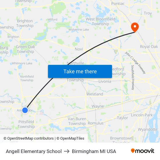 Angell Elementary School to Birmingham MI USA map